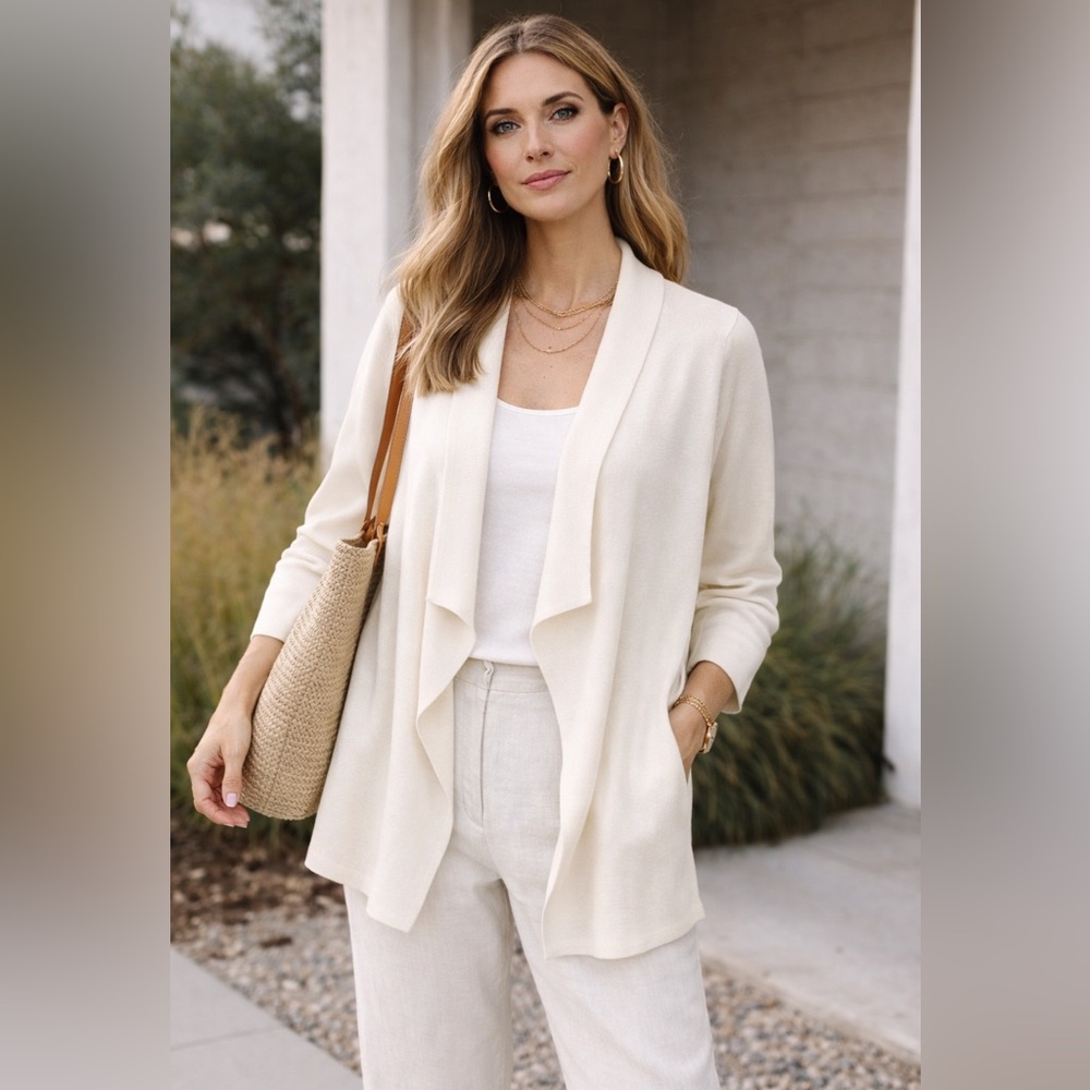 Eileen Fisher Cream Open-Front Draped Cardigan